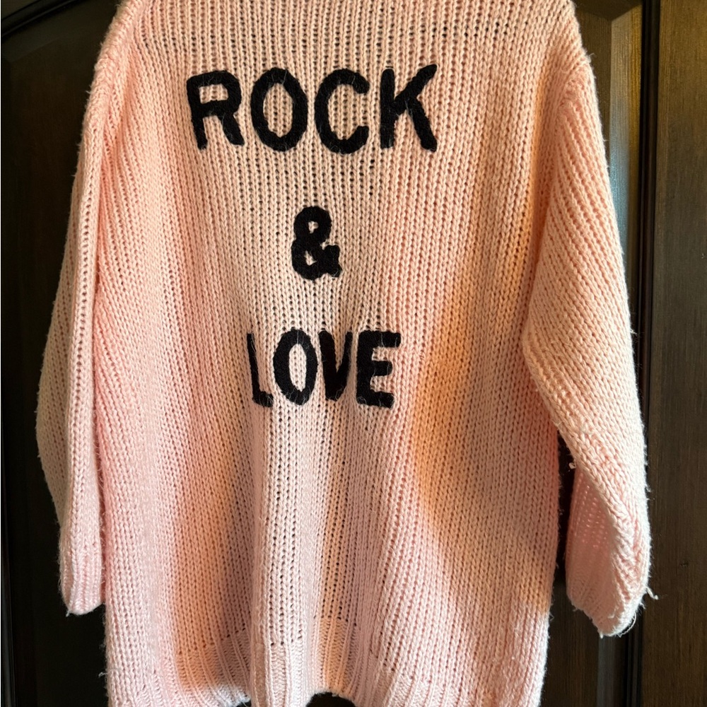 Pink cardigan knit Sweater with Rock & Love Design